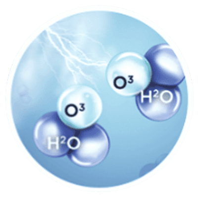 Molecular structure of ozone (O₃) and water (H₂O), emphasizing biosecurity in microbial and pathogen control methods.