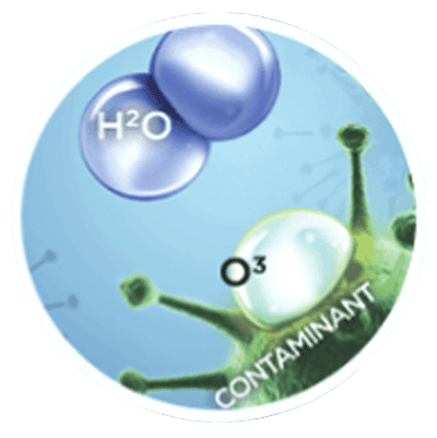Microbial water contamination with H2O and O3 molecules, highlighting biosecurity measures for pathogen prevention in livestock and agriculture.