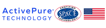 ActivePure Technology logo with SPACE certification badge and American flag for biosecurity solutions.